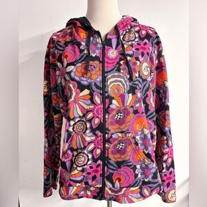 Women’s Floral Print Full Front Zip Hoodie, Large, Black/Pink/Orange